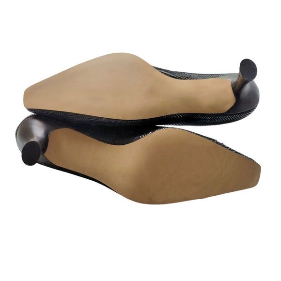 Renee Black Patent Leather Kitten Heels Size 7 With Bow & Gold Eyelets Zigzag - Picture 6 of 8